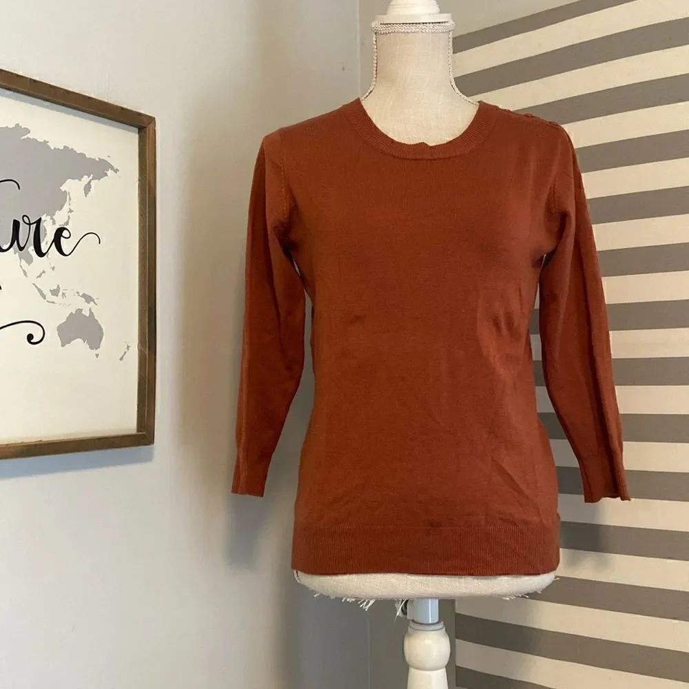Modcloth Rust Orange 3/4 Sleeve Knit Button Shoulder Sweater Size Medium